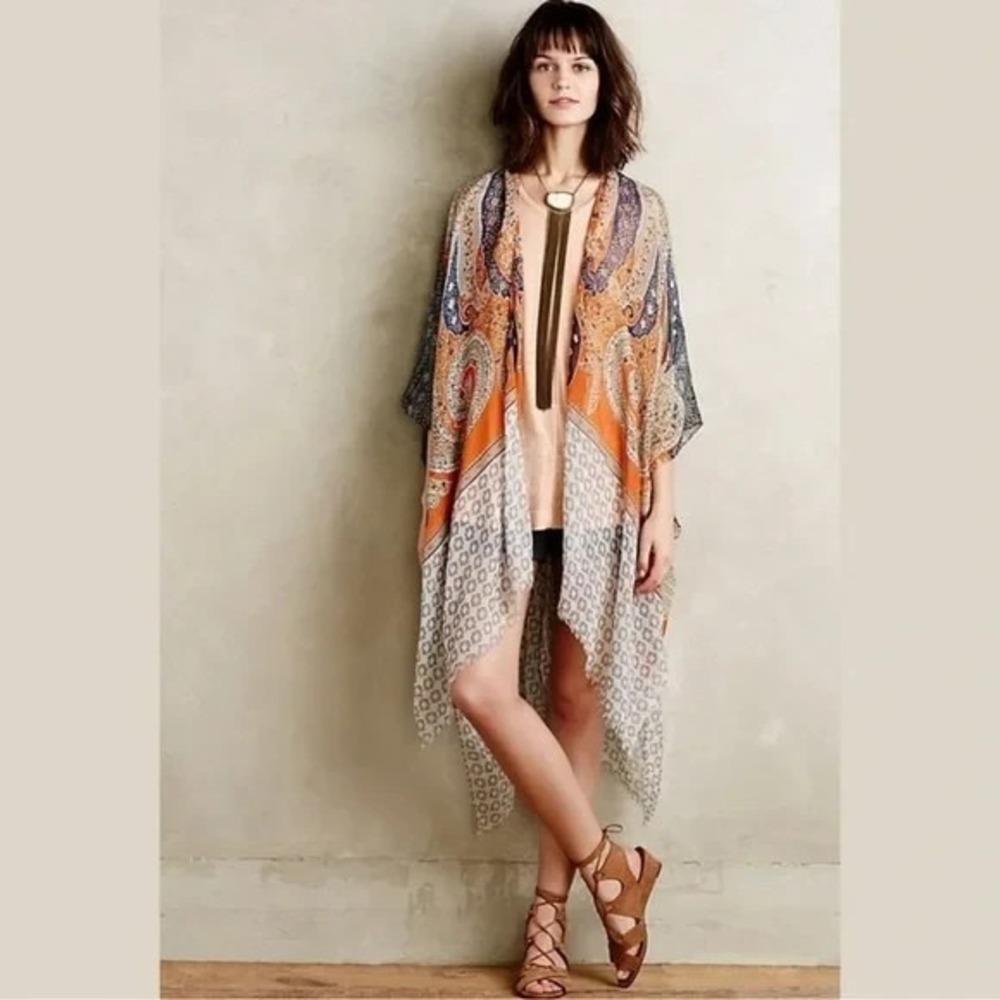 ANTHROPOLOGIE Kimono Sunlit Light Cover Up Scarf Dress Caftan Subtle Luxury OS - Picture 10 of 12